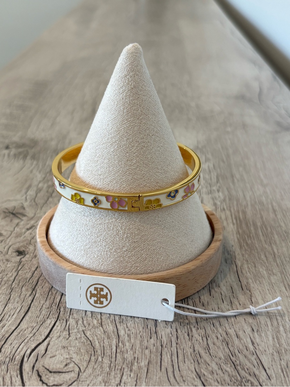 Tory Burch White Enamel Gold Floral Hinged Bangle with Pink & Yellow Accents - Picture 3 of 6